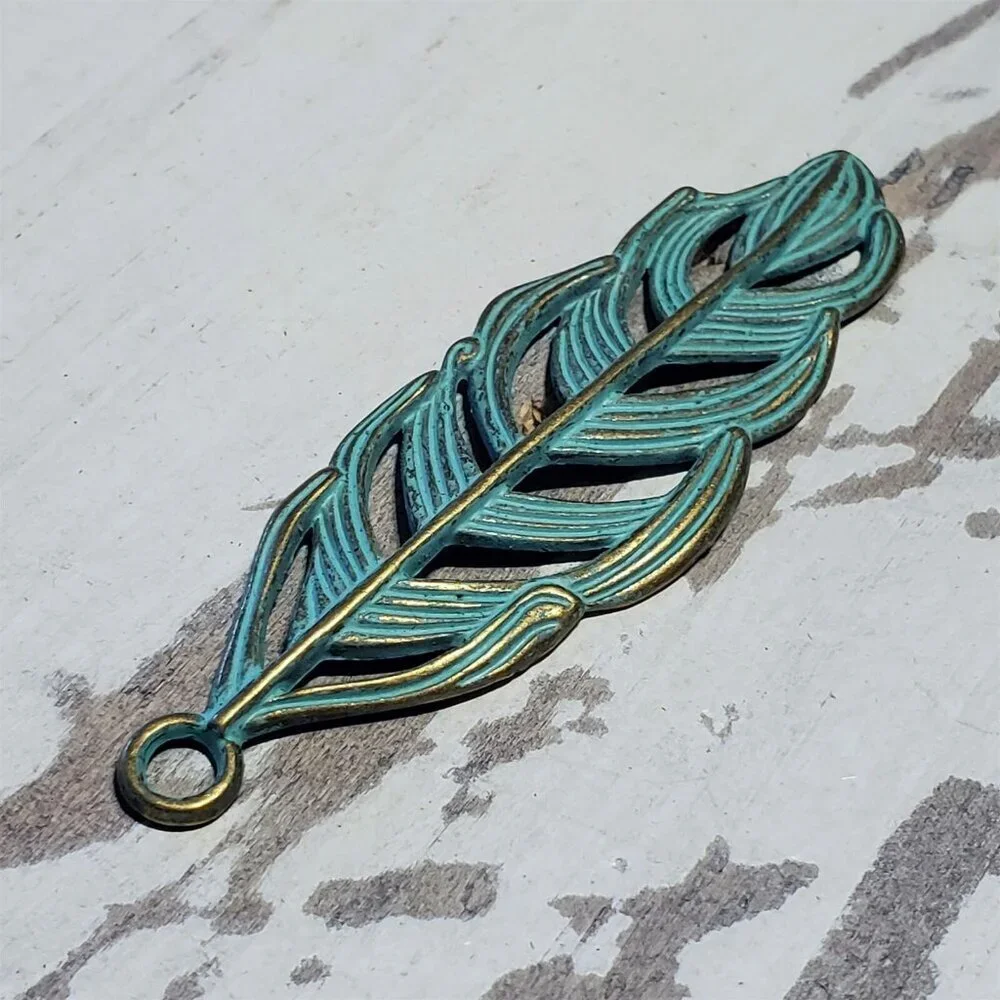 Antique Bronze Art Nouveau Verdigris Green Patina Carved Filigree Leaf Pendant